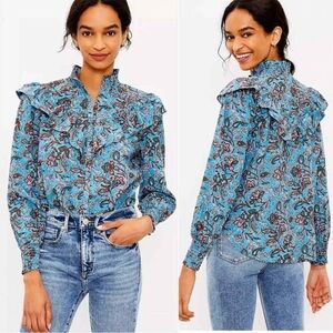 LOFT Blue Paisley Ruffle Yoke Blouse Size Small Button Front